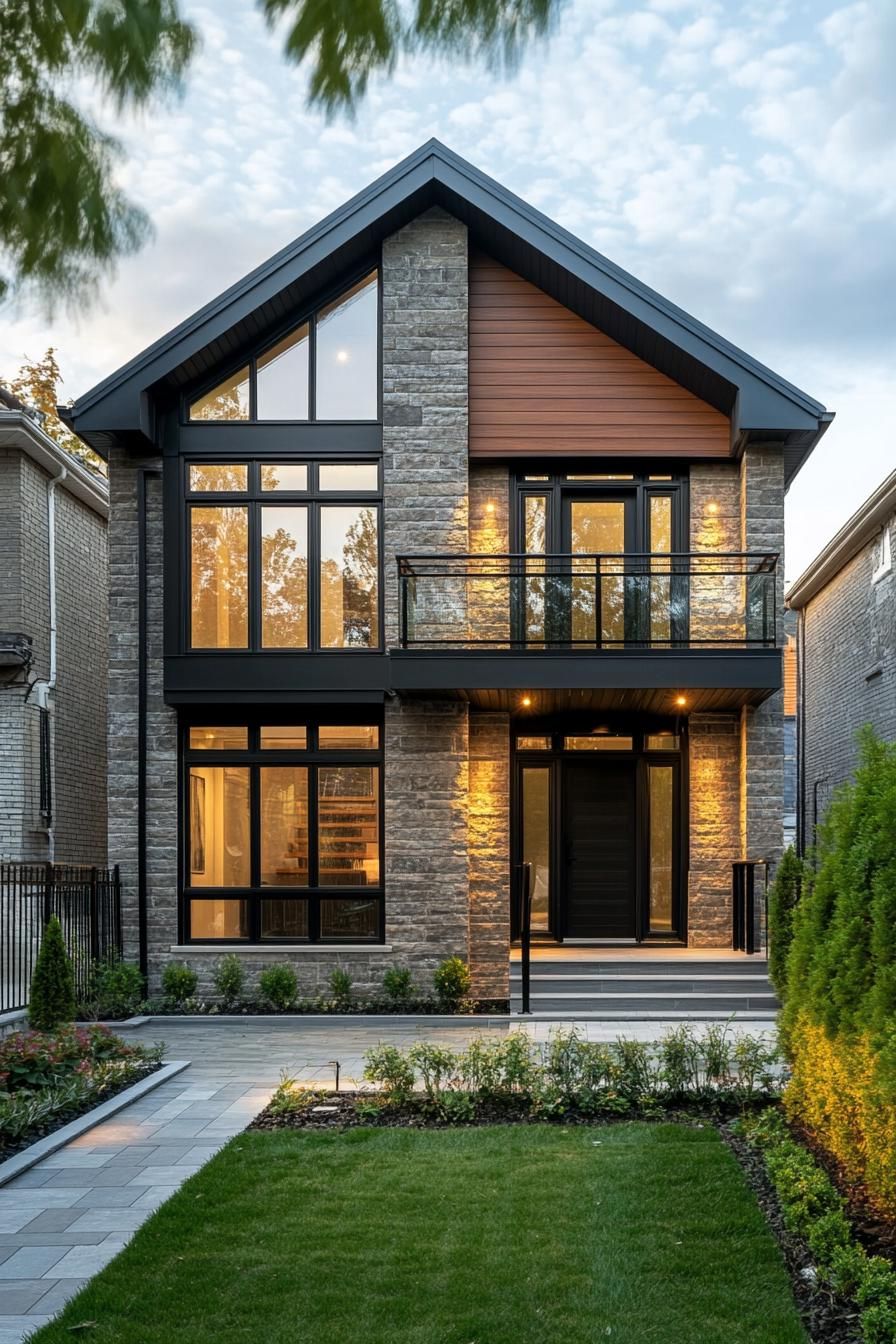 modern cottage inner courtyard facade siding polished stone tile with dark wood large windows balcony with metal railings paved yard geometric 2