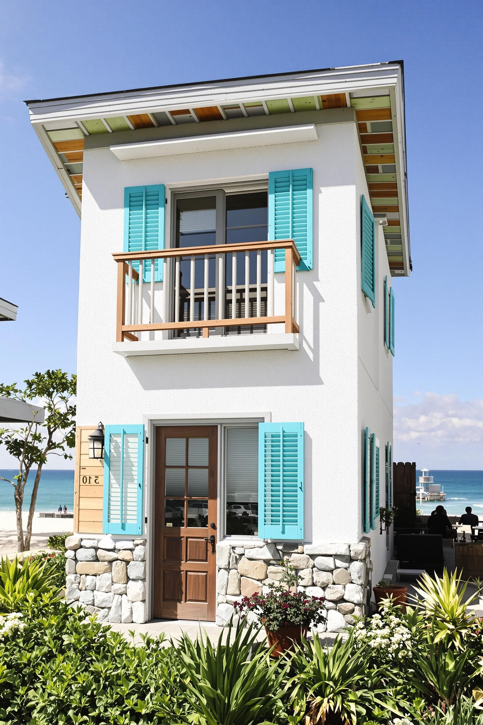 Compact beach house with bright blue shutters and stone accents