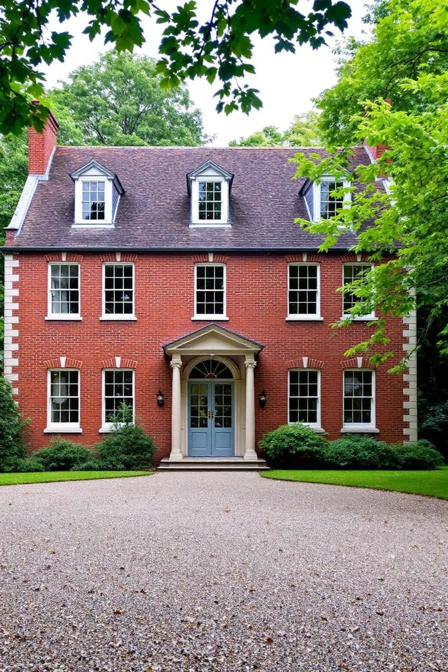 Classic Georgian home with a blue door and surrounding greenery