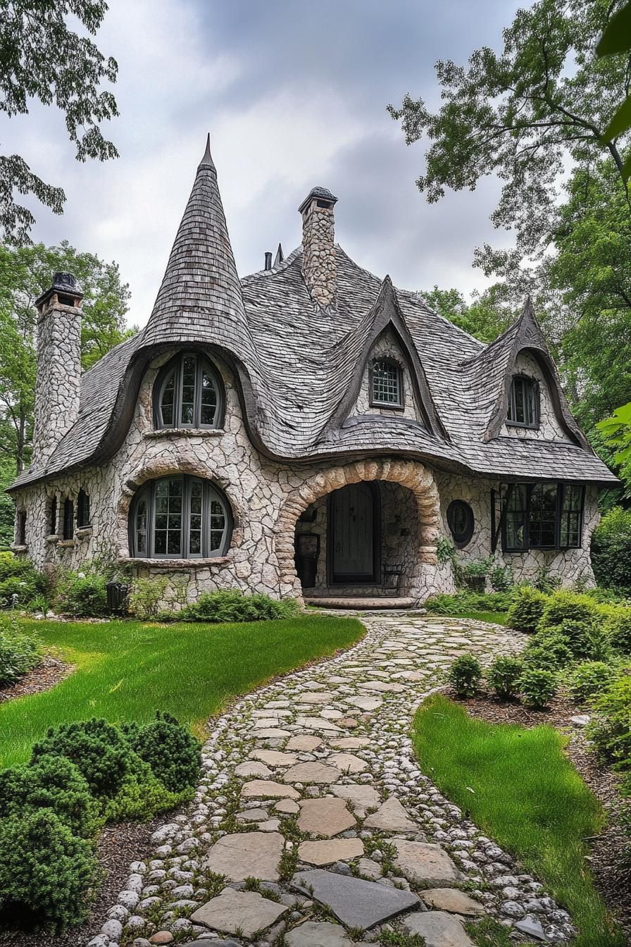 Stone house with pointed roofs and lush garden