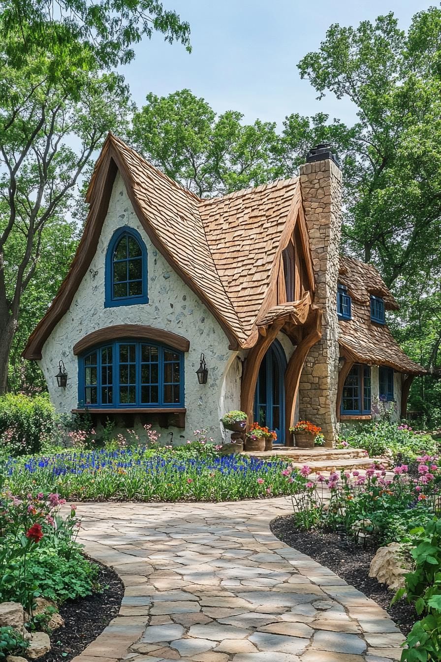 Charming cottage with wooden shingles and colorful garden