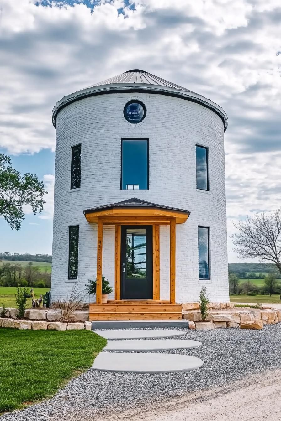 white grain silo converted into a home with modern windows front porch construction of wooden posts and beams on stone foundations porch roof with