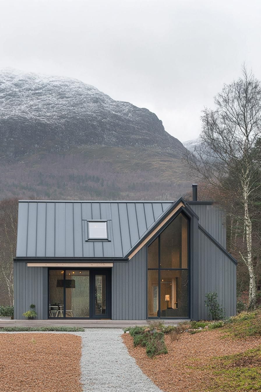 Scandinavian-style house with a mountain backdrop