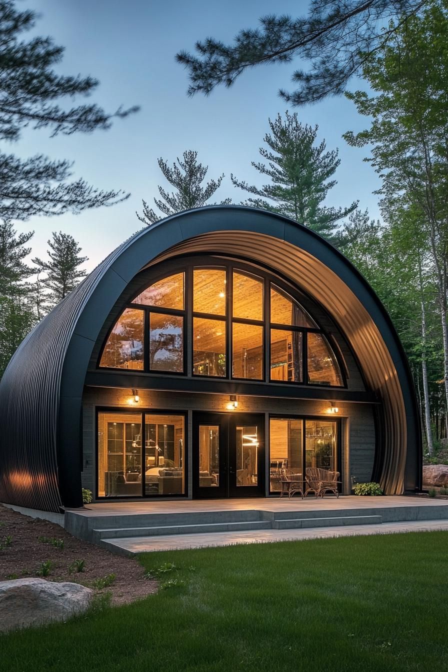 Quonset hut home with large windows and lush surroundings