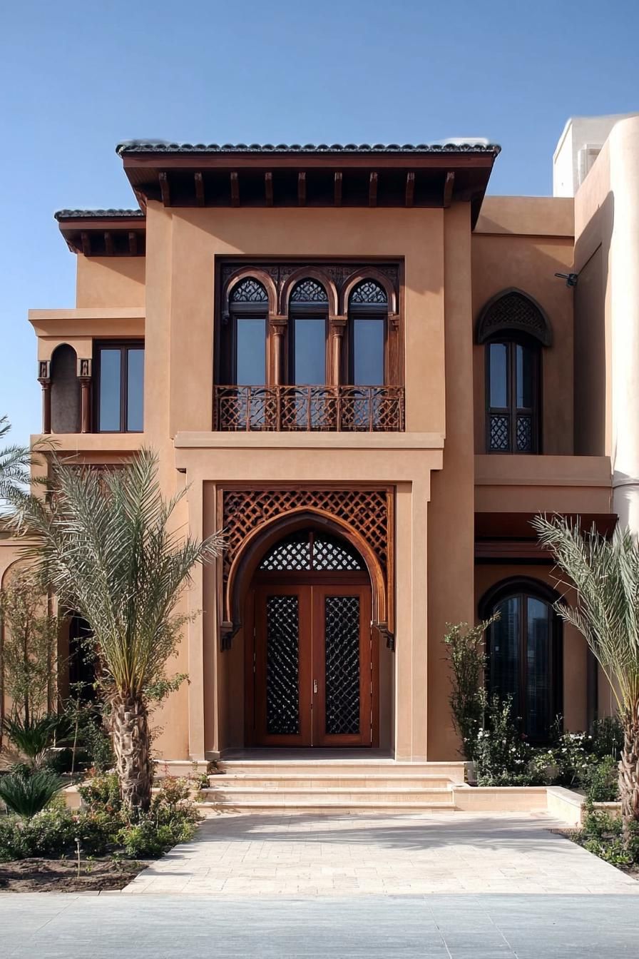 Front view of an Arabic house with arched wooden doors and windows