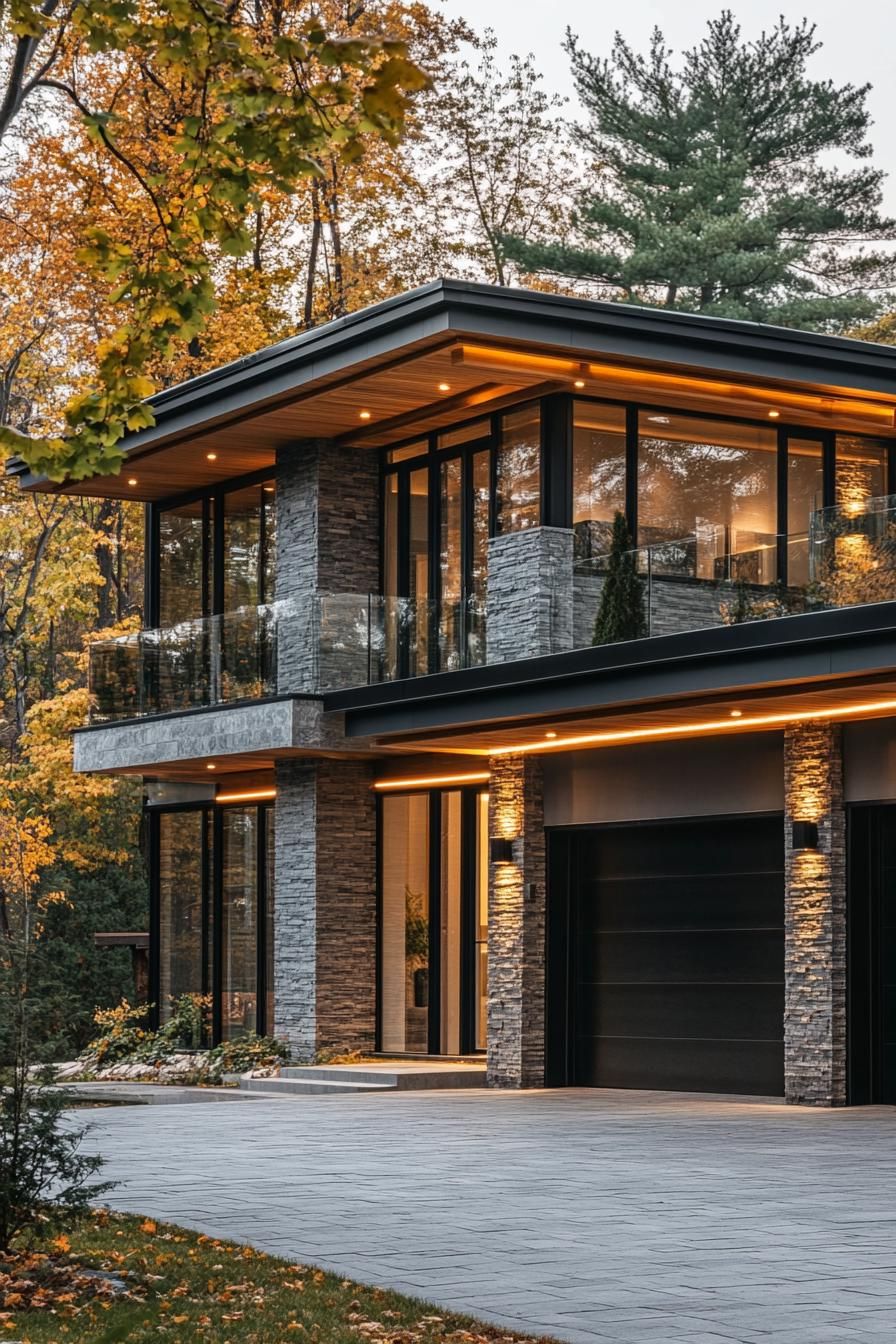 modern villa design with grey granite siding eaves with wooden siding and LED trim tall glass atrium at the front tall black front door paved 1