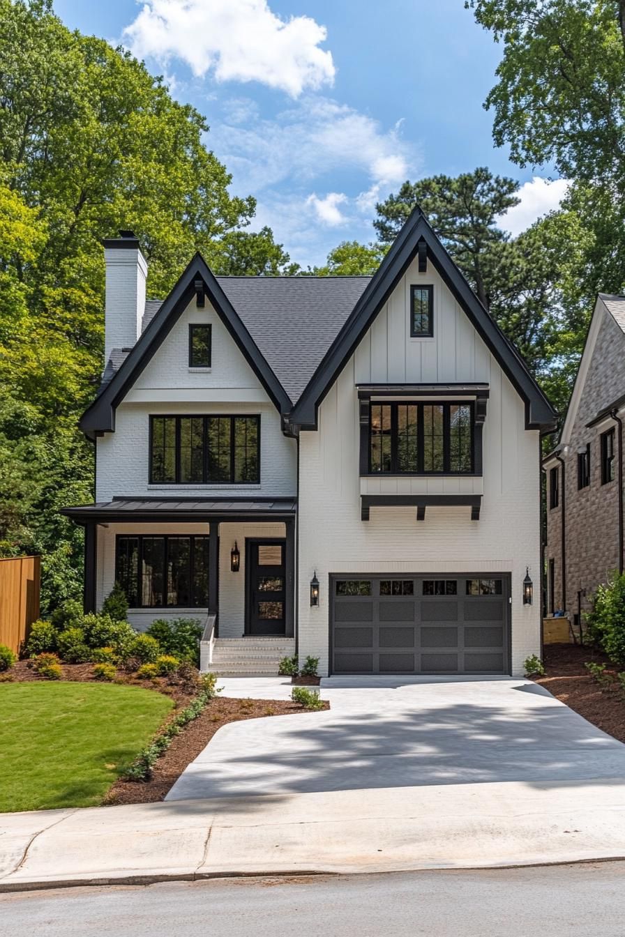 A modern Tudor house with tall gables and a manicured lawn