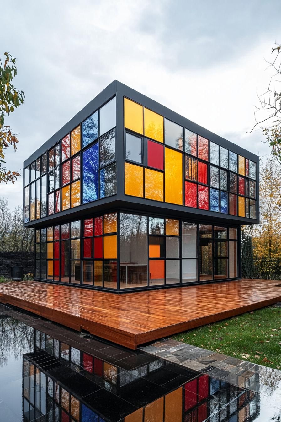 Colorful, modern glass house with wooden deck