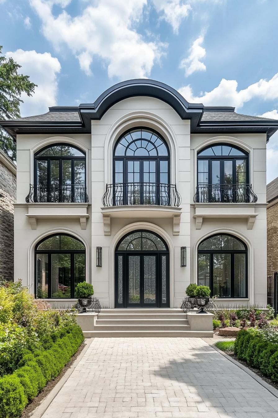 Elegant two-story home with arched windows and lush landscaping