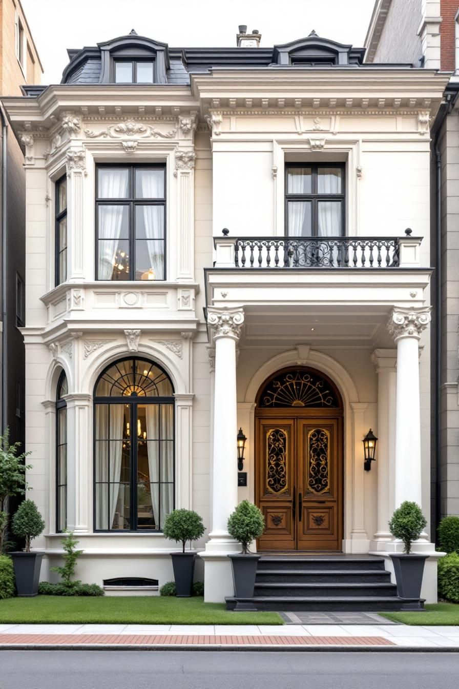 Ornate white house with columns and large windows