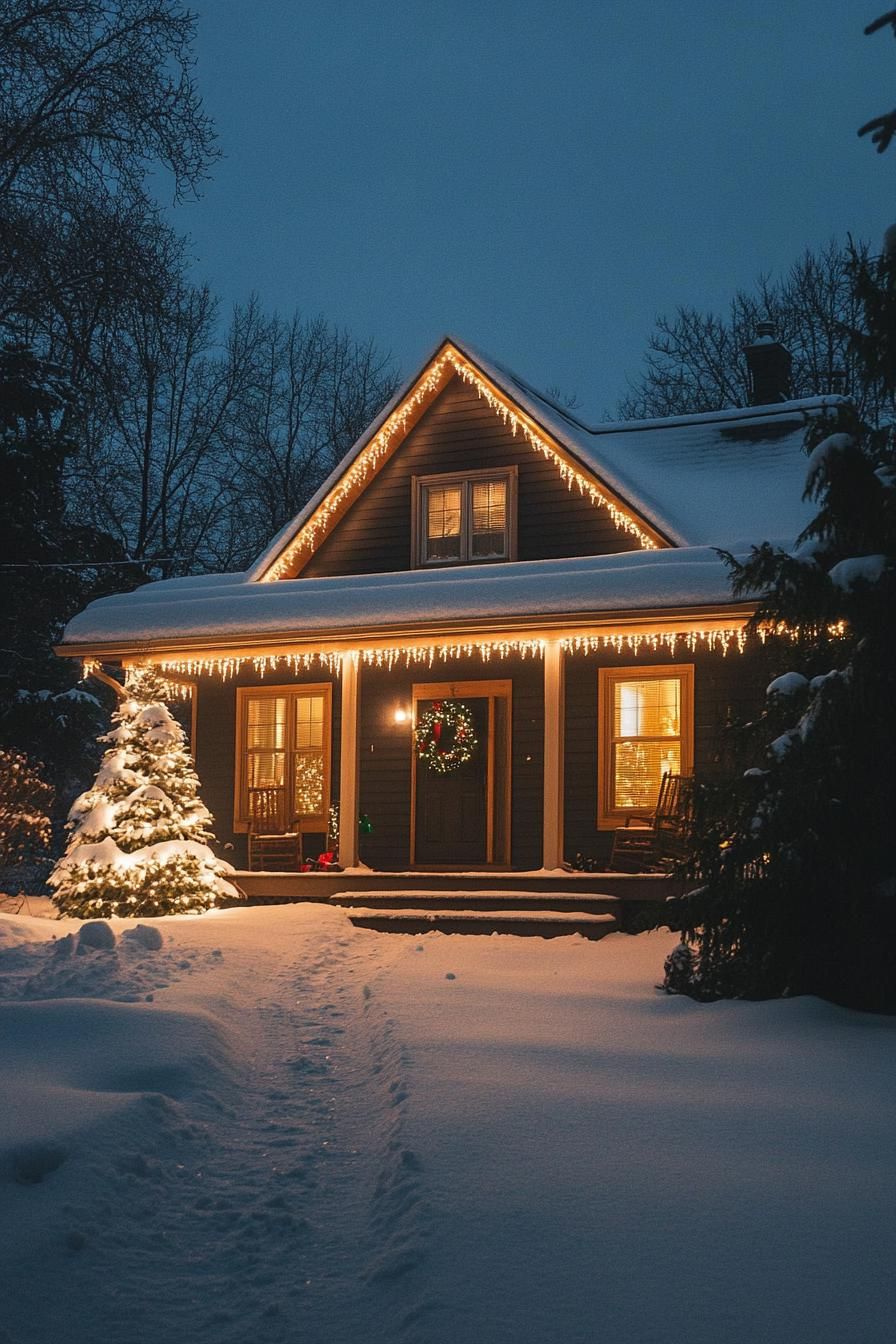 modern cottage house with gabled roof with snow dark siding porch gable with snow roof trimmed with icicles and string lights front door with