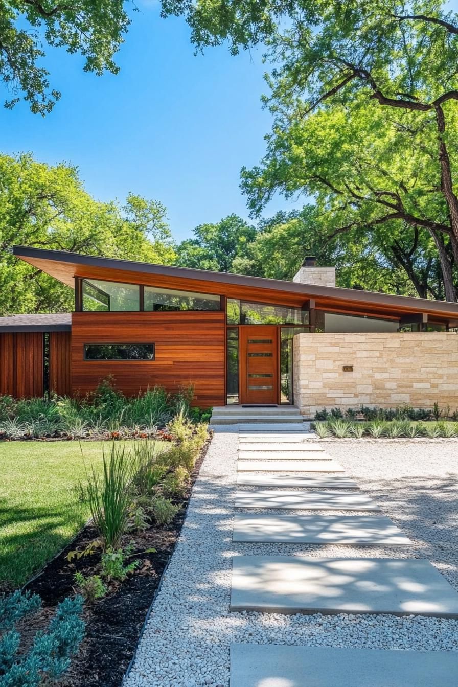 contemporary single story house exterior with polished limestone brick front wall siding walnut wood side wall siding geometric roof with large 1