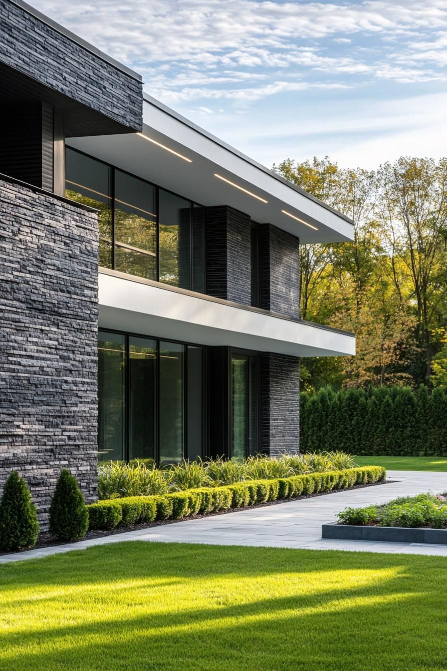 modern villa design with slate brick siding and white and black trim full wall modern windows LED trim lighting landscaping with concrete lawn