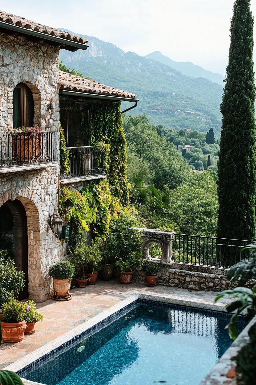 pool of italian villa yard the yard is surrounded with balustrade fence the villa has stone facade and vines there are potted plants and shrubs 1