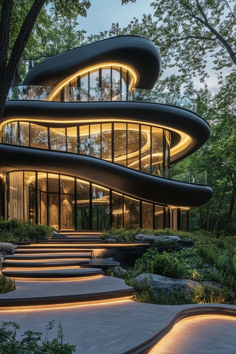 Winding glass and steel structure in a forest setting