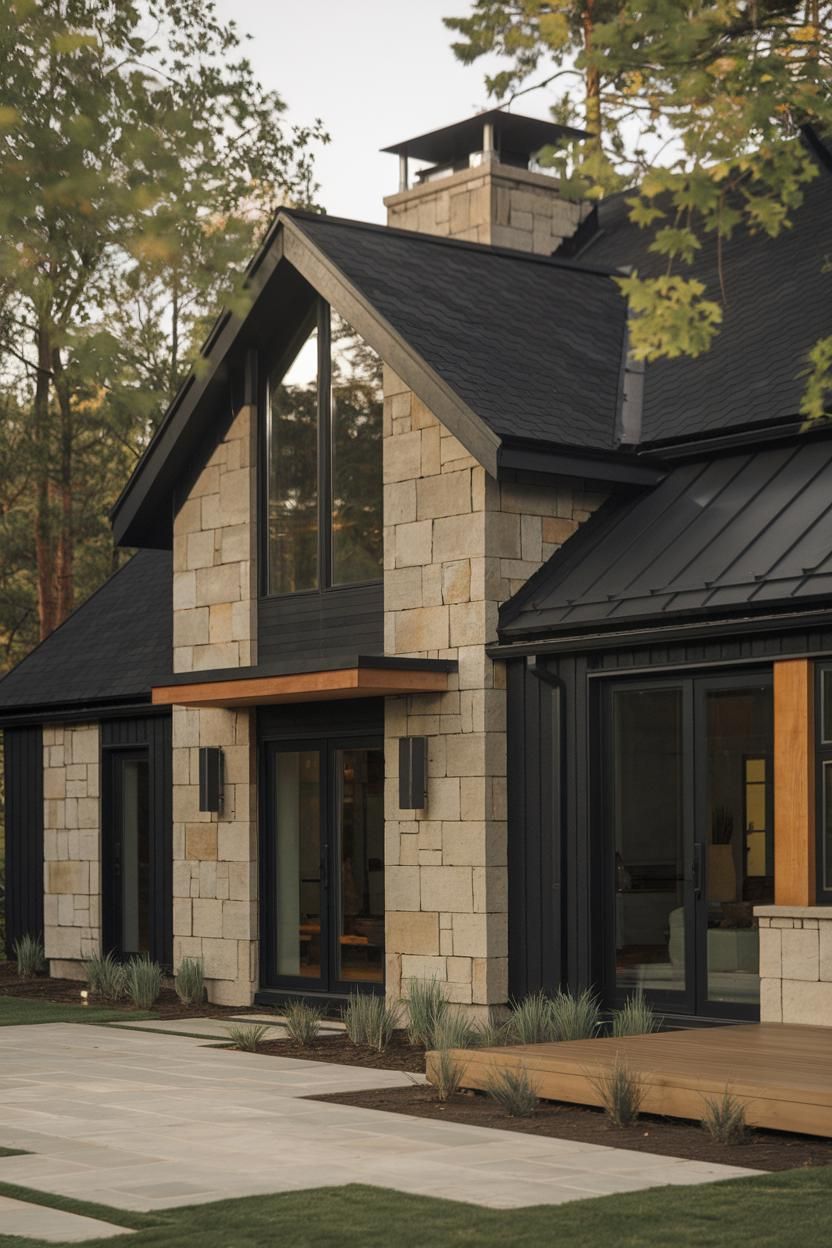 Modern black house with stone accents in a wooded area