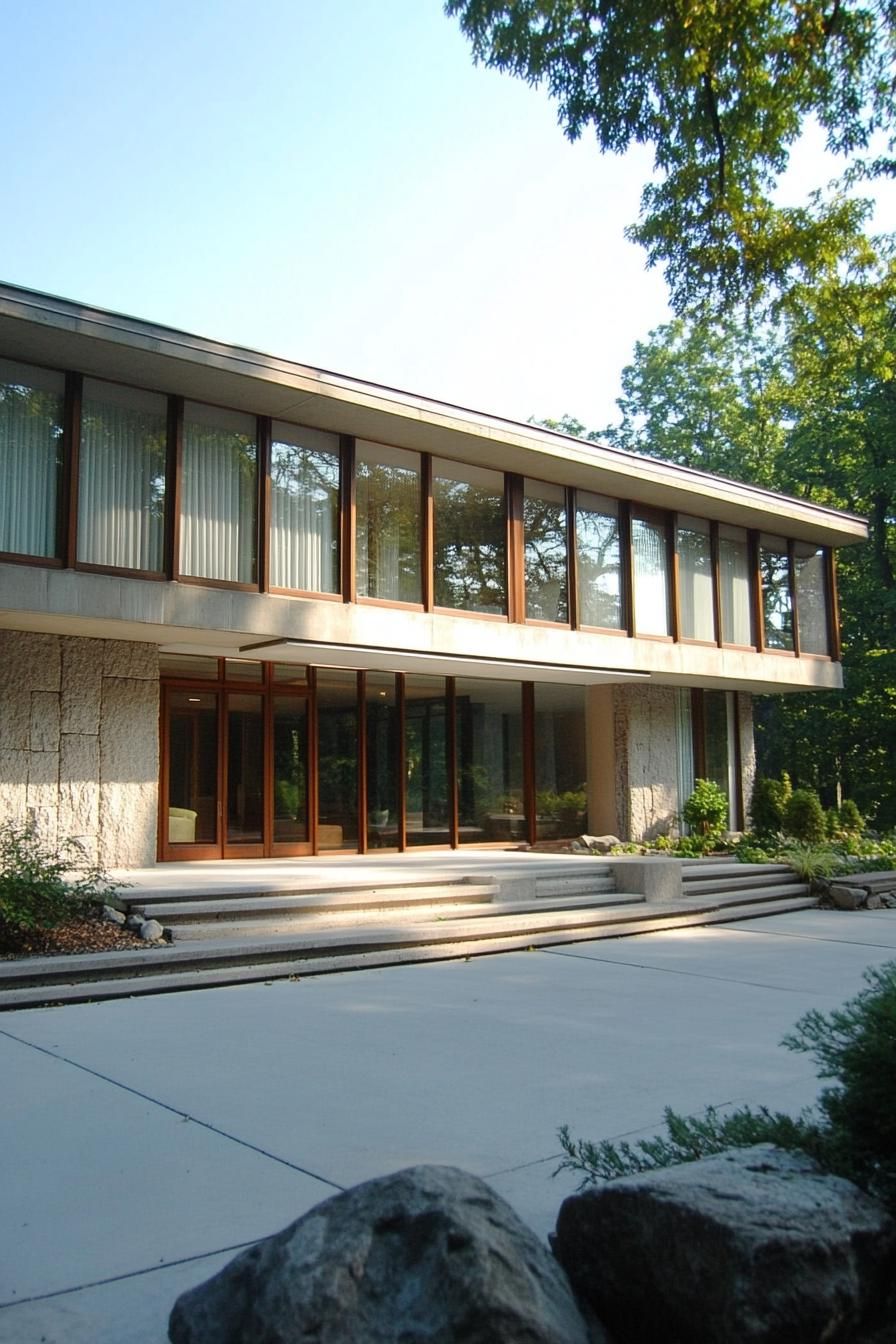 A modern concrete house with large windows and a spacious entrance