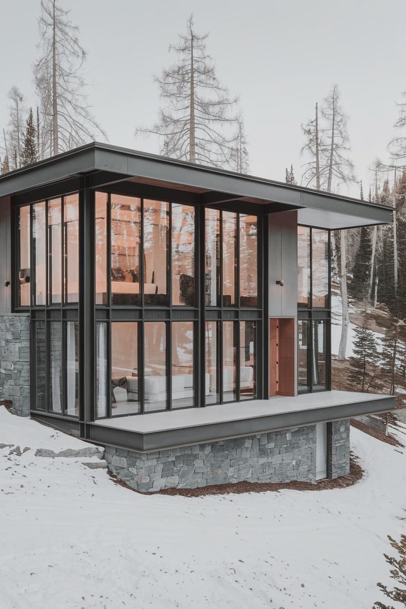 Glass-walled cabin with stone base in snowy forest