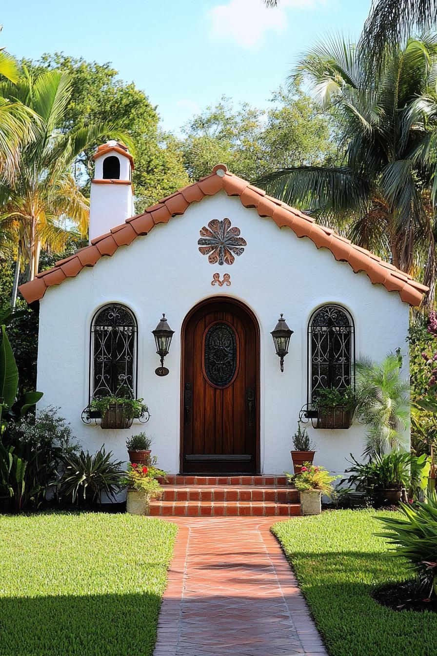 Small white Spanish bungalow with terracotta roof and lush greenery