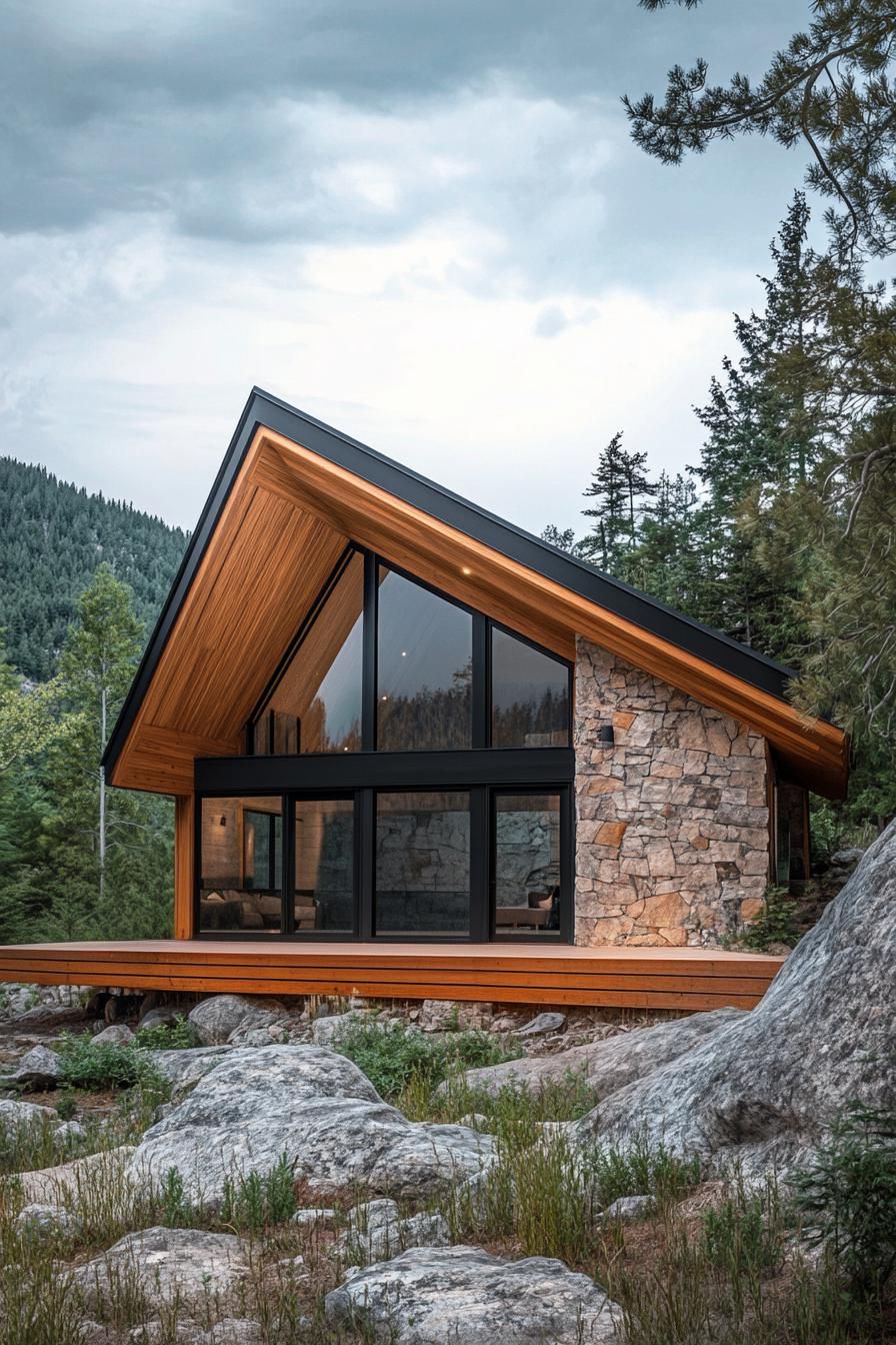 Stone and wood cabin nestled in the woods