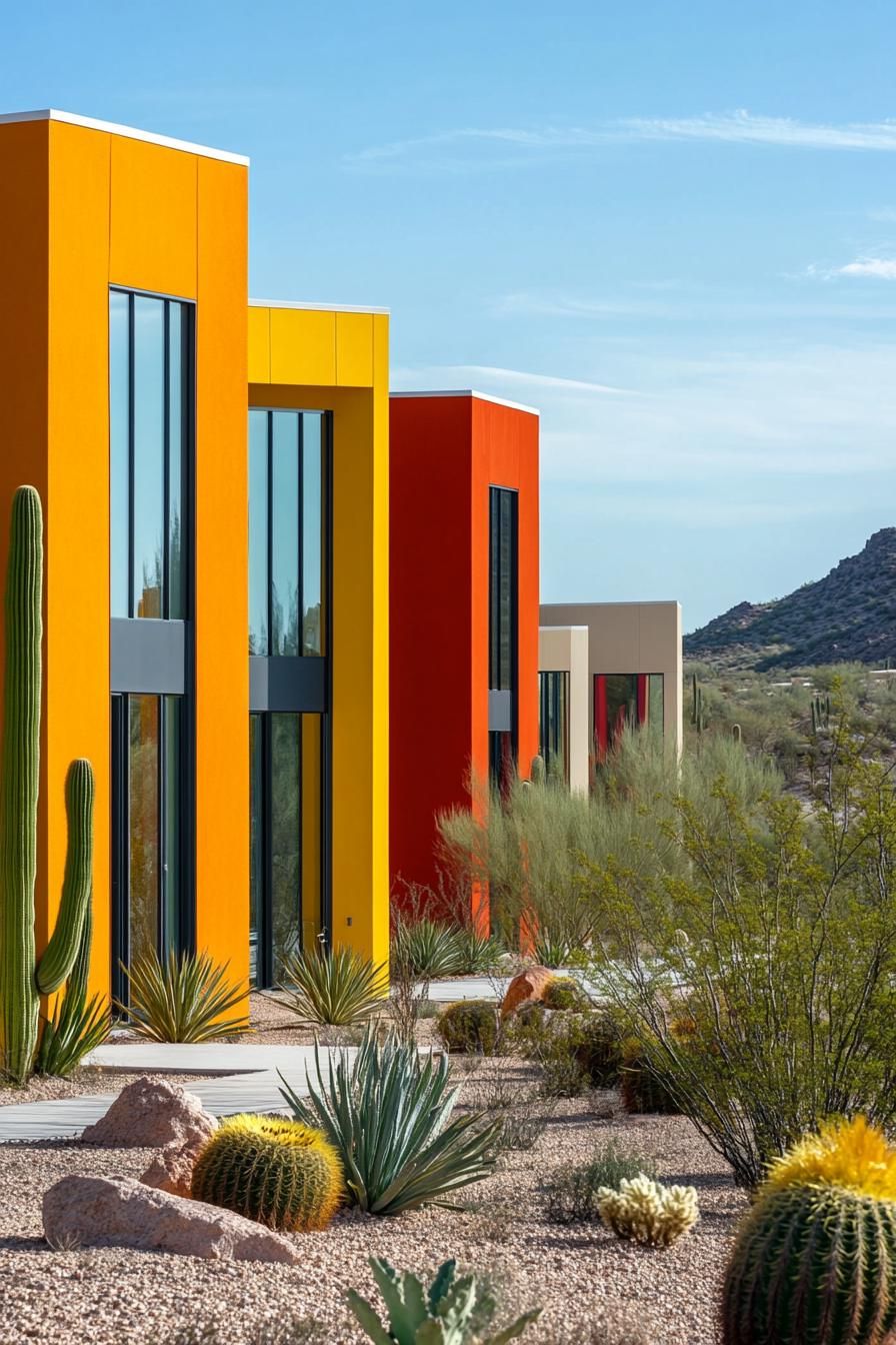 Brightly colored modern house exteriors in desert landscape