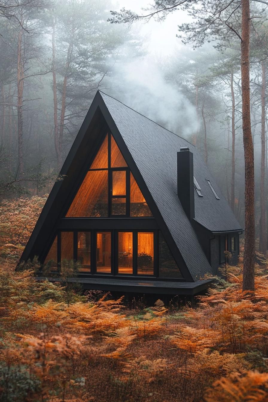 Cozy A-Frame cabin nestled in a foggy forest