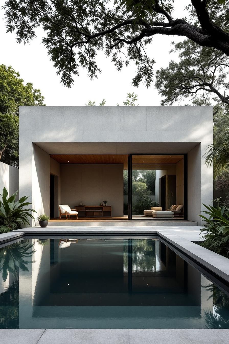 Modern concrete house with a pool and lush greenery