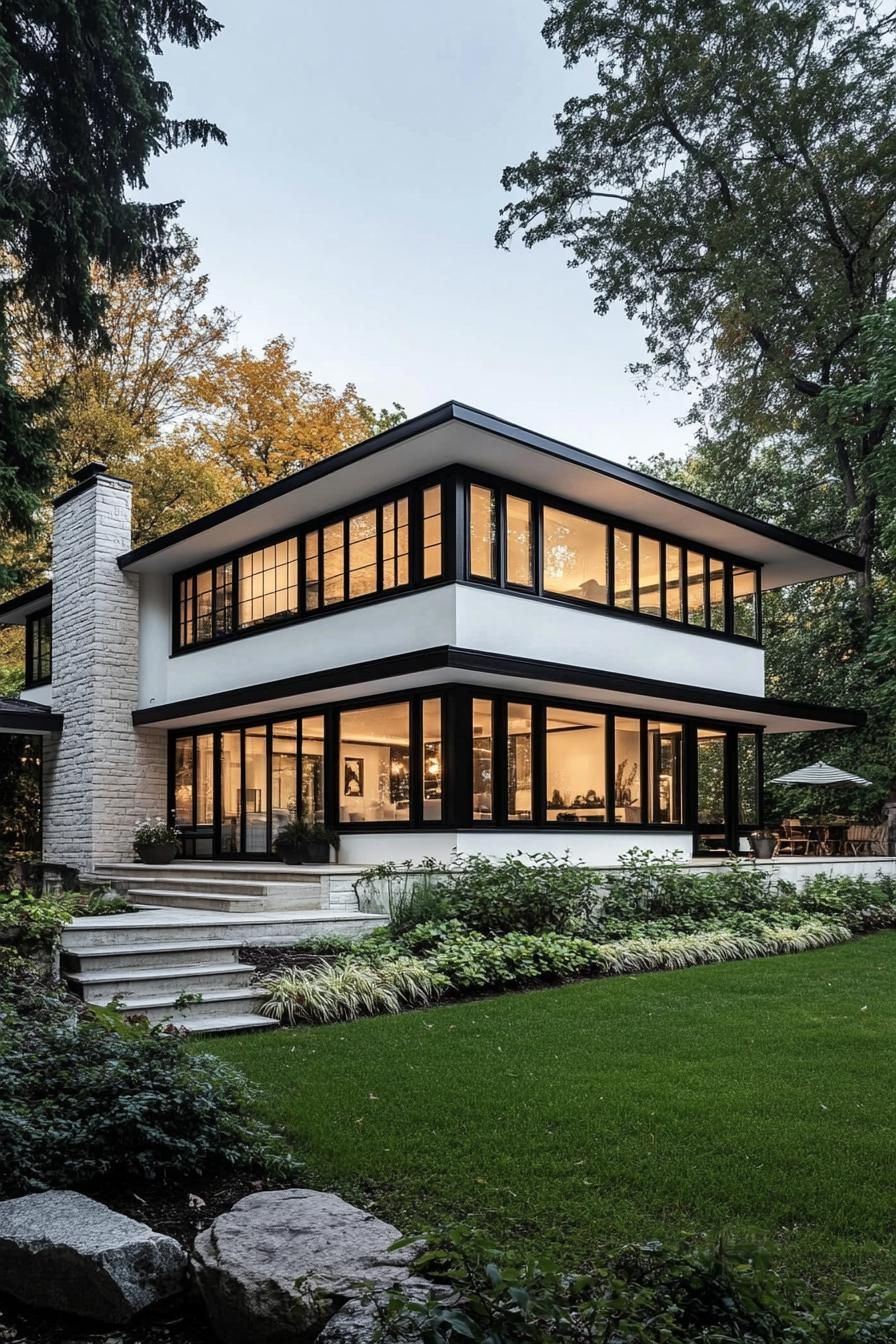 Chic two-story white house with black trim