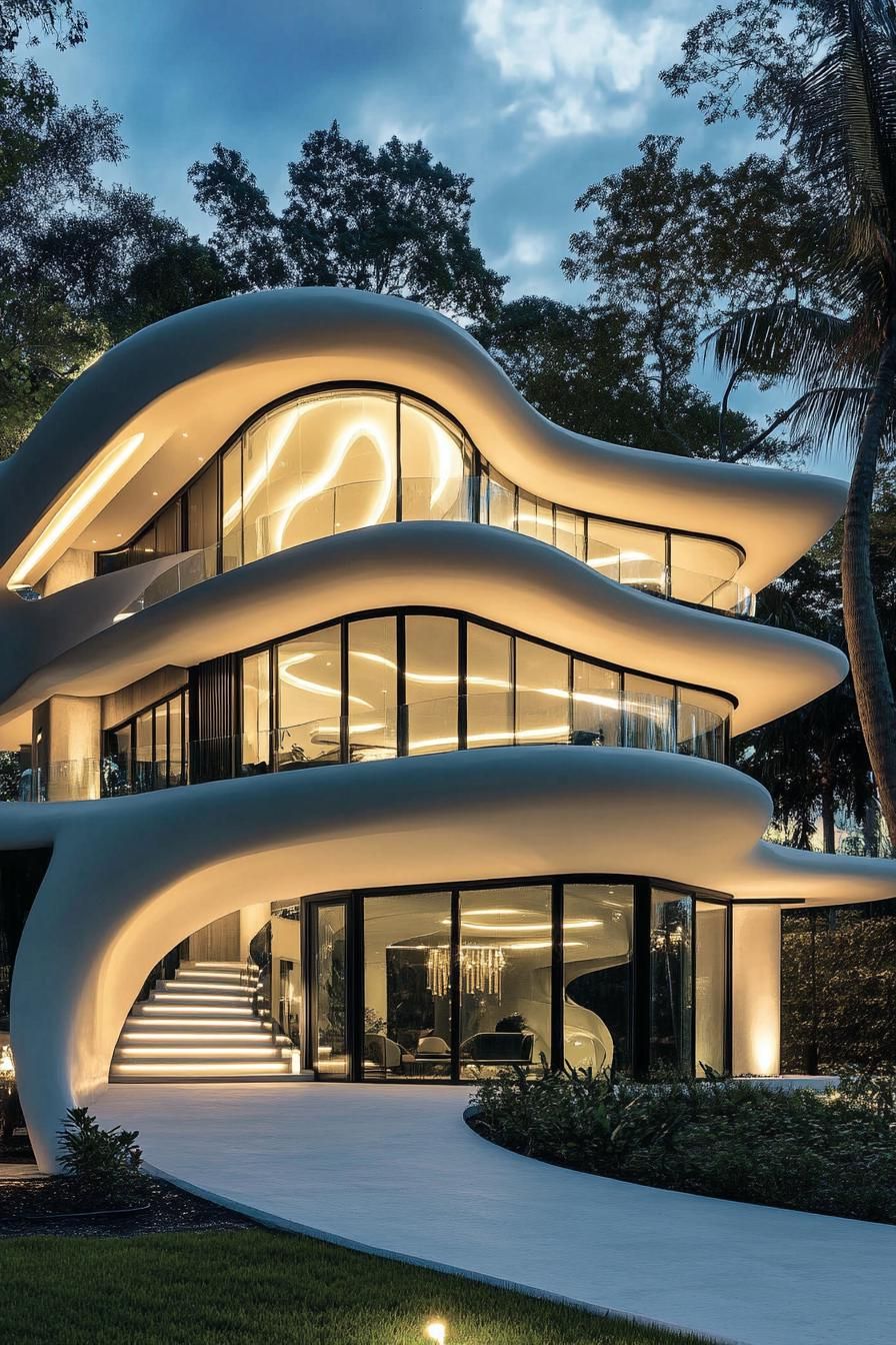 Futuristic house with wavy contours and glowing interior