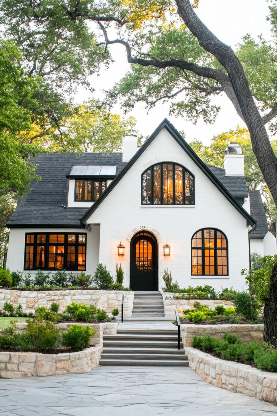 Cozy Tudor house with dark roof and glowing windows