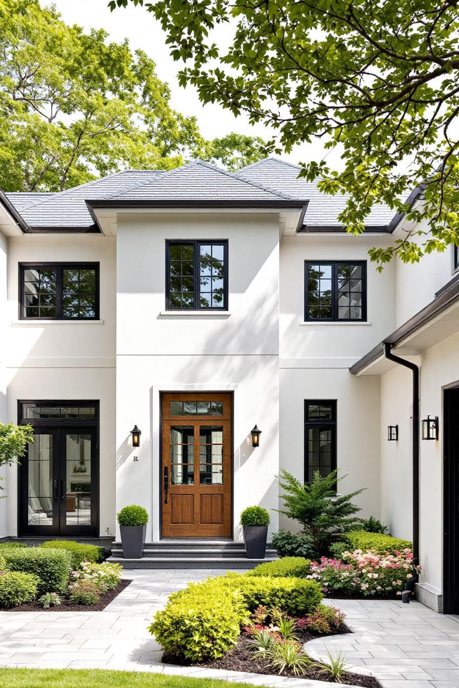 White house with black-trimmed windows and lush garden