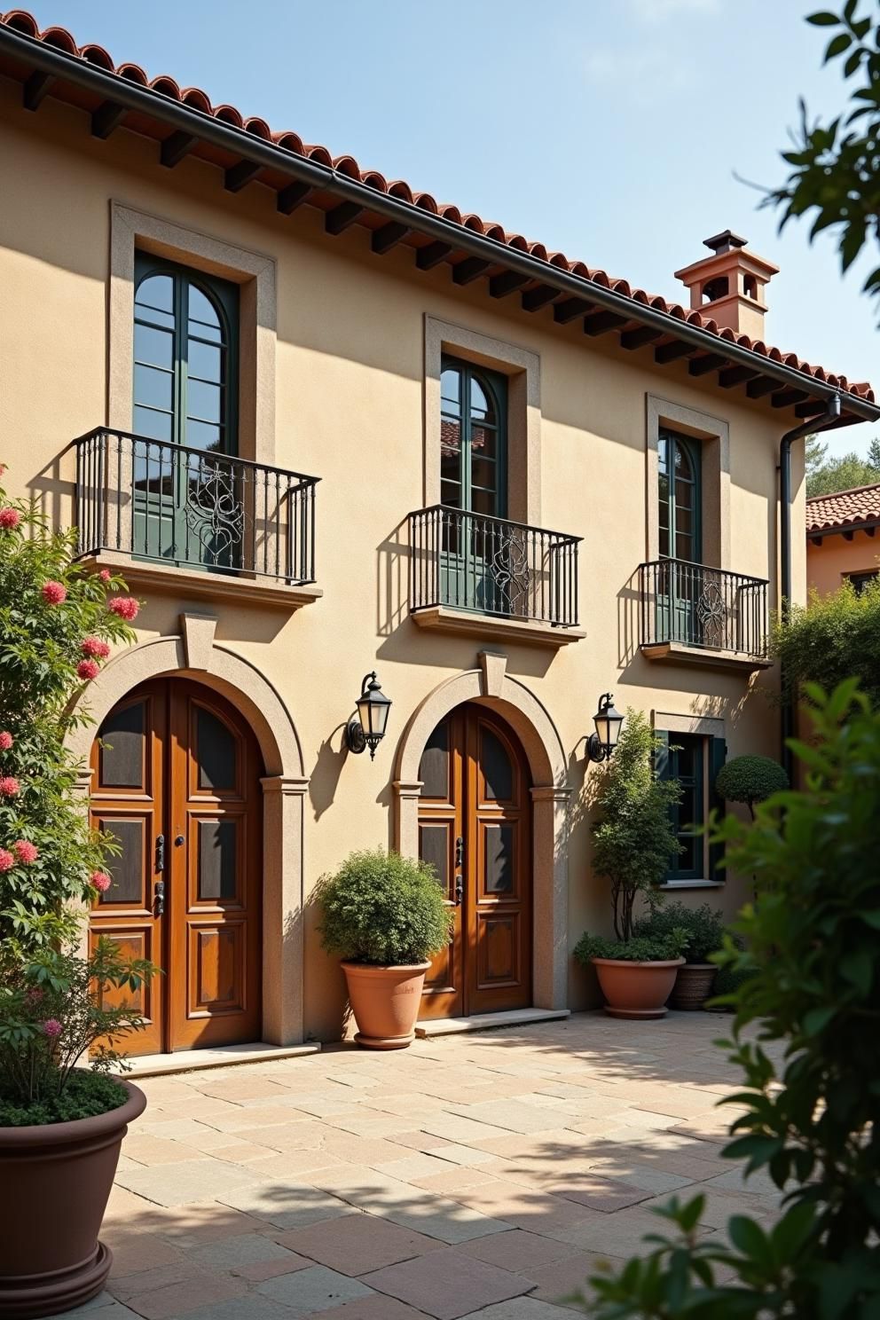 Elegant stone villa with arched doors and lush greenery