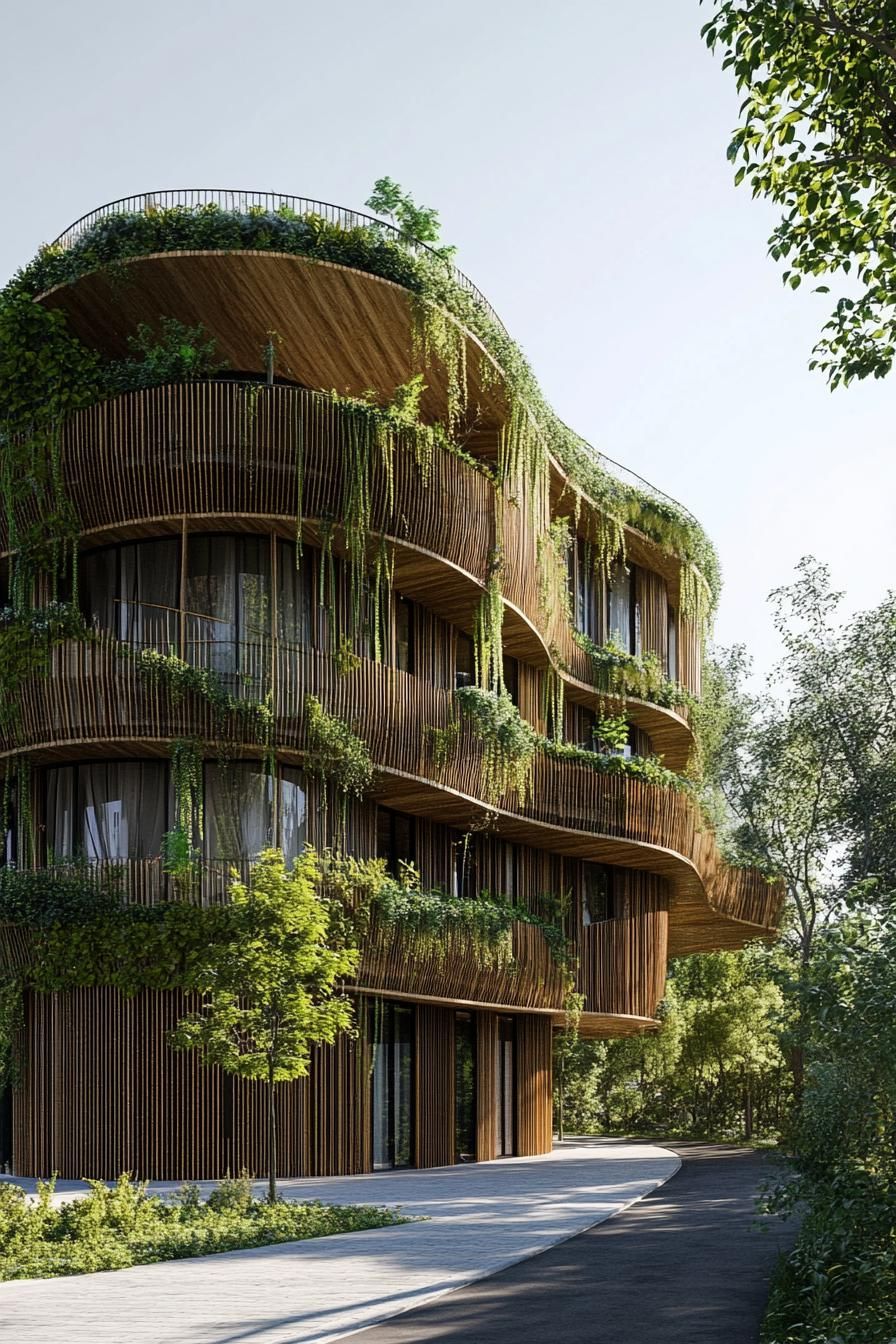 curved modern residential building with bamboo details and green living wall sections 2