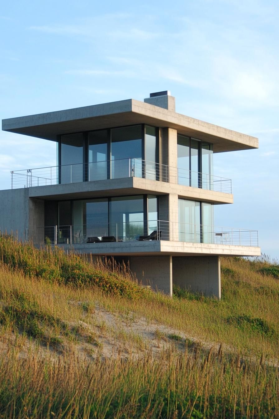 Modern beach house with expansive glass windows and concrete structure