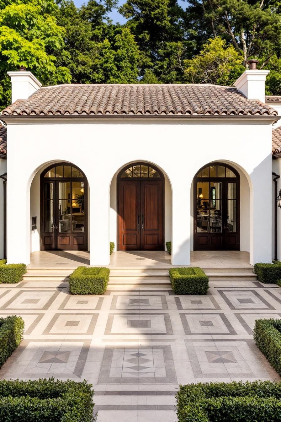 Elegant villa entrance with arched doorways and tiled walkway