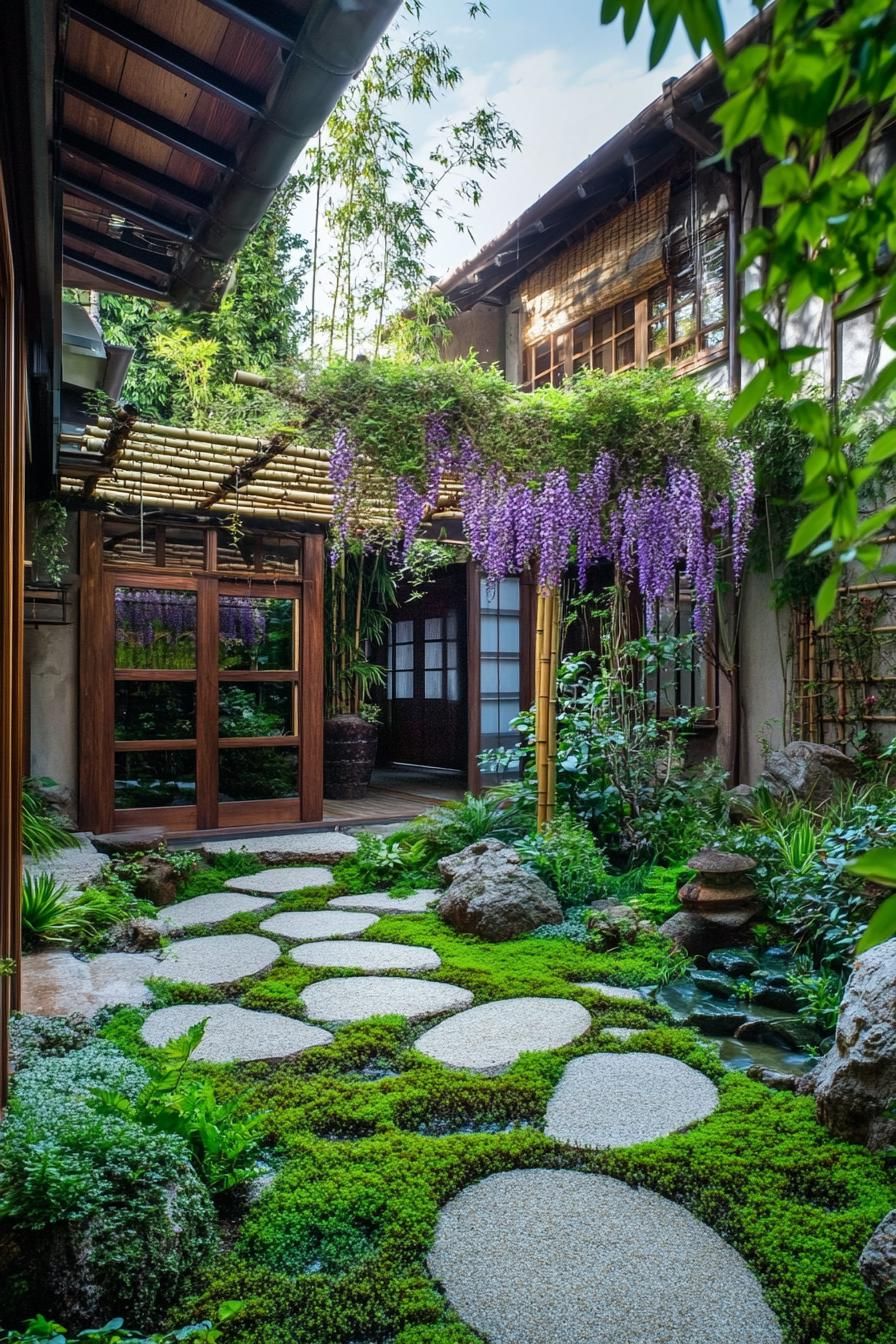 Lush garden with stone path and wisteria