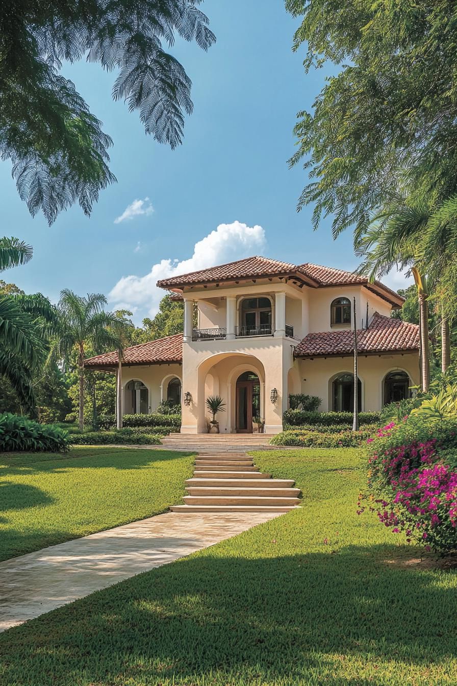 Elegant colonial-style house with terracotta roof nestled in lush greenery