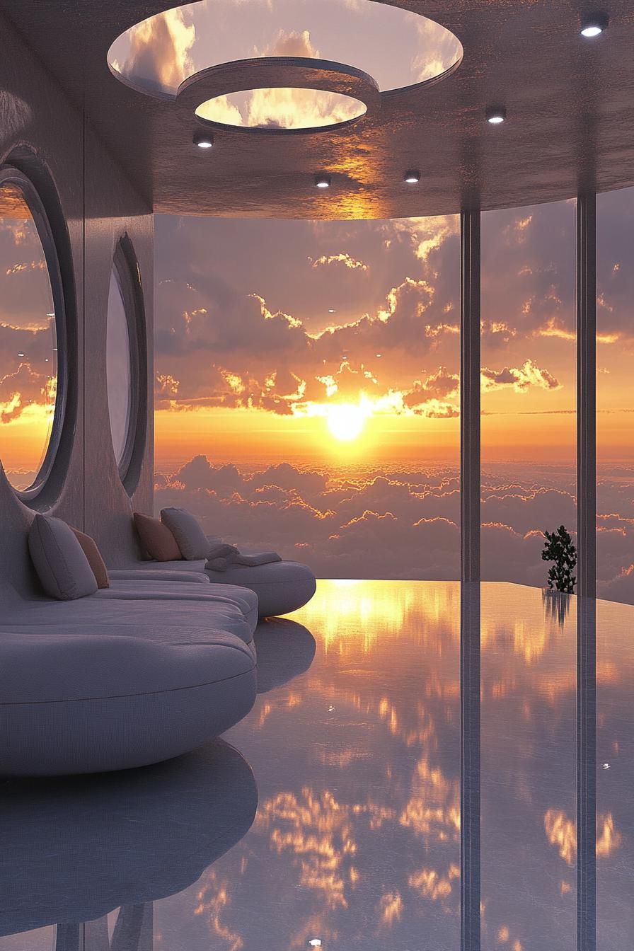 futuristic apartment in a skyscraper above clouds sunset the room with full wall glass windows and round skylights futuristic furniture