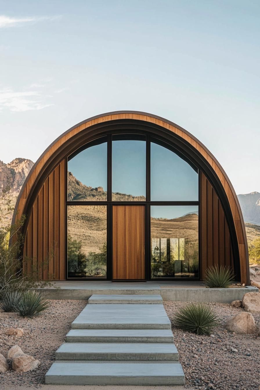 Quonset hut with a wooden facade and large windows in a desert setting