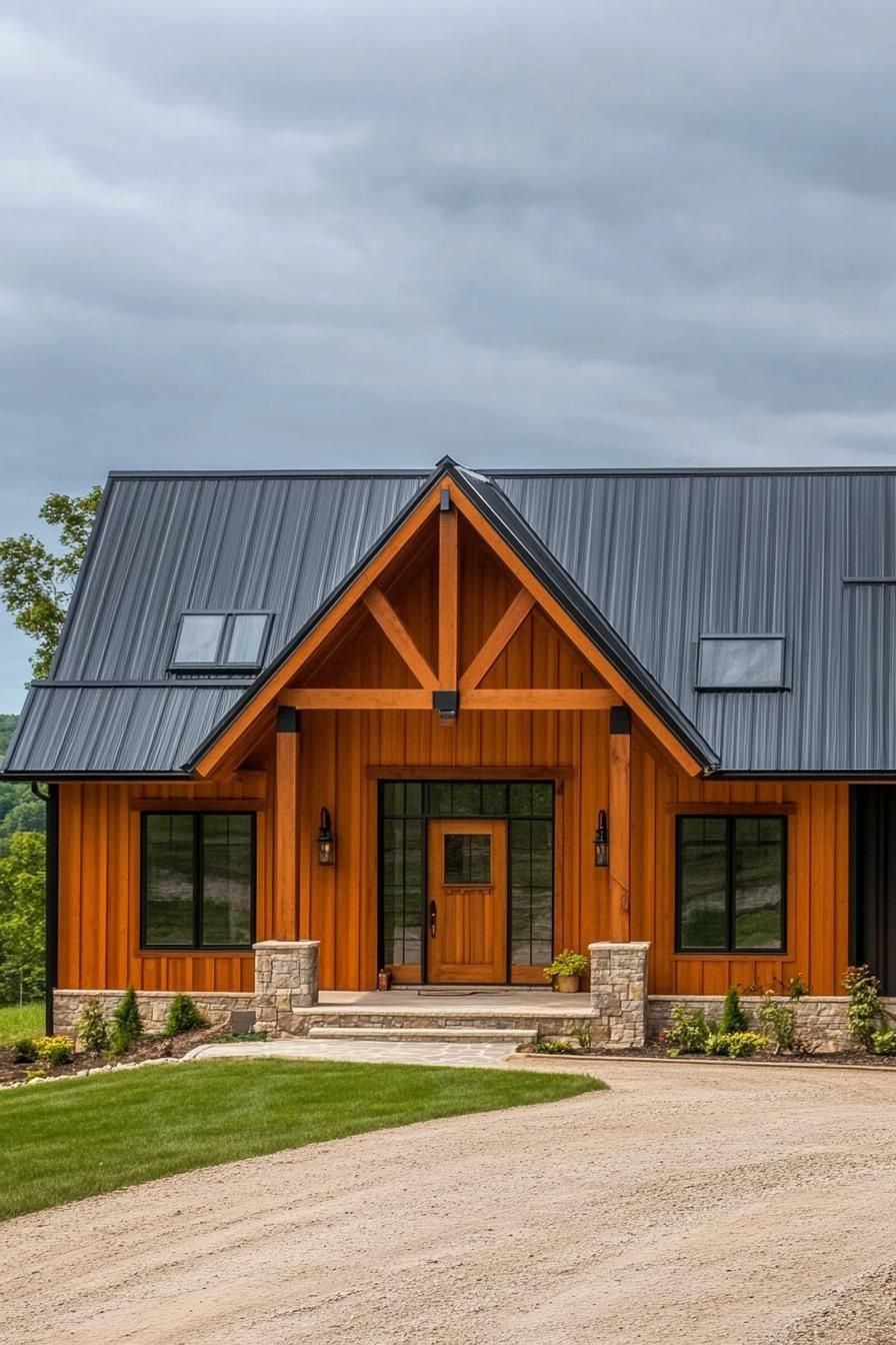 Front view of a charming ranch house with wooden features and metal roof