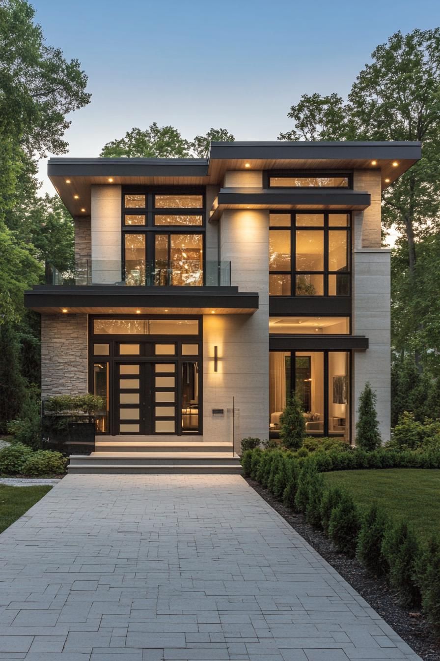 Modern two-story house with large windows and ambient lighting