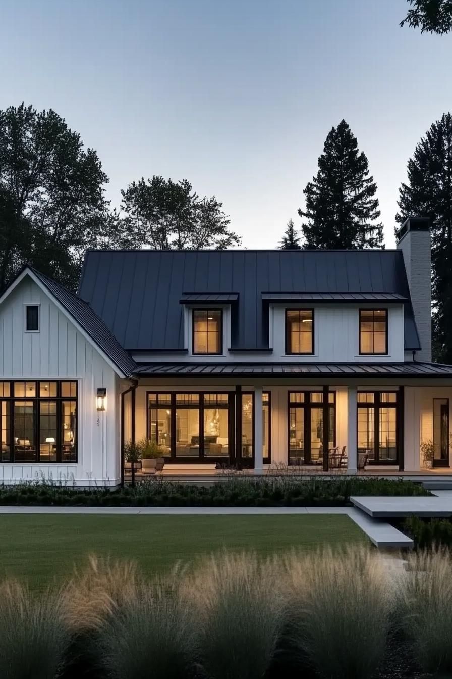 Modern single-story home with glowing windows at dusk