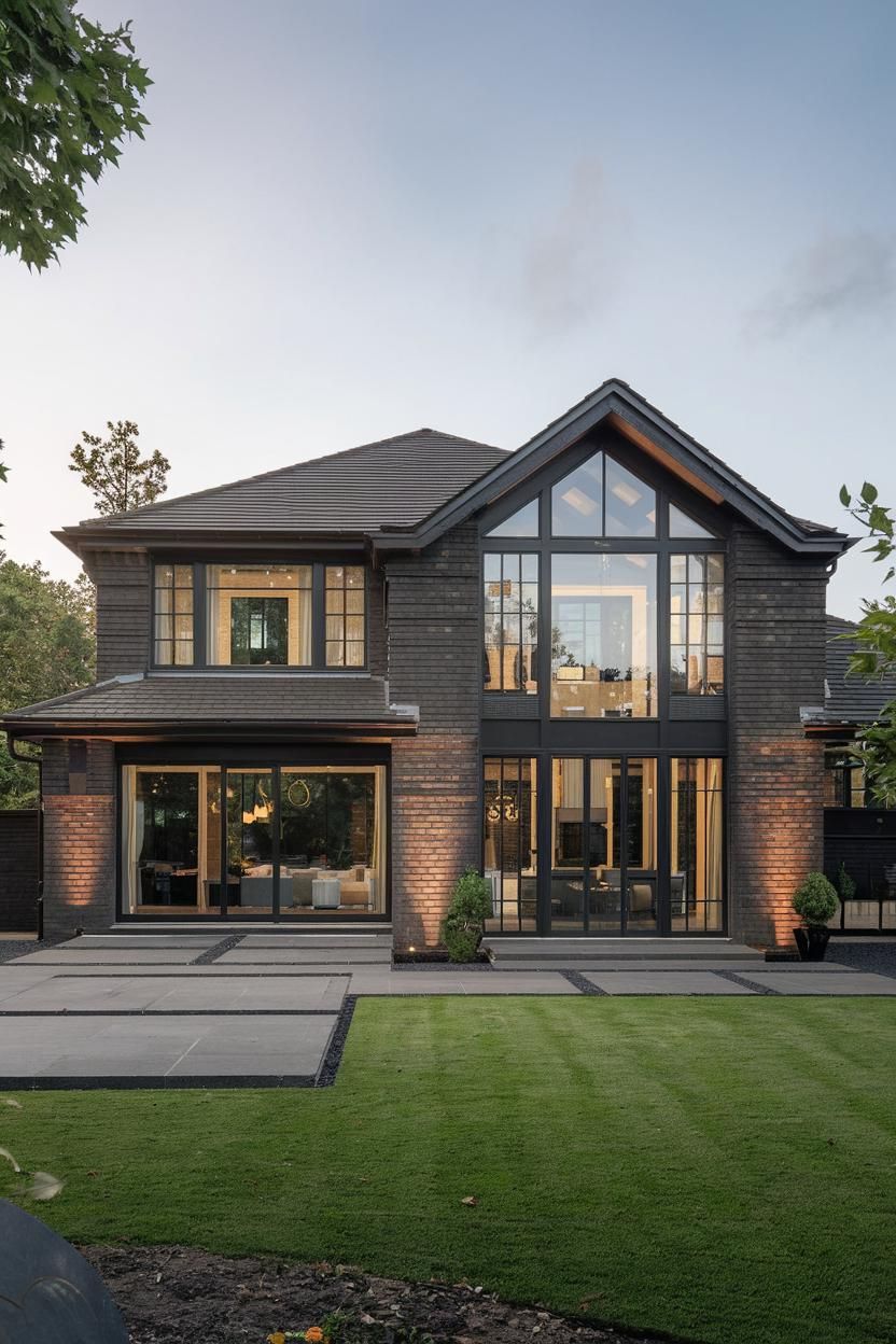 Modern suburban house with large windows on a well-manicured lawn