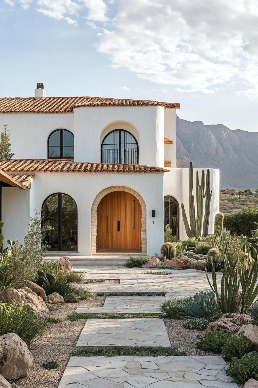 White villa with terracotta roof and desert plants