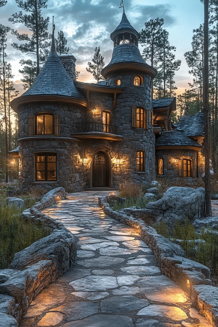 A stone house with turrets in a wooded setting