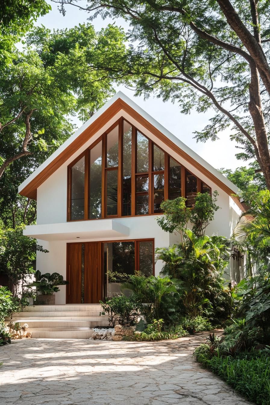 Tropical house with A-frame structure surrounded by lush greenery