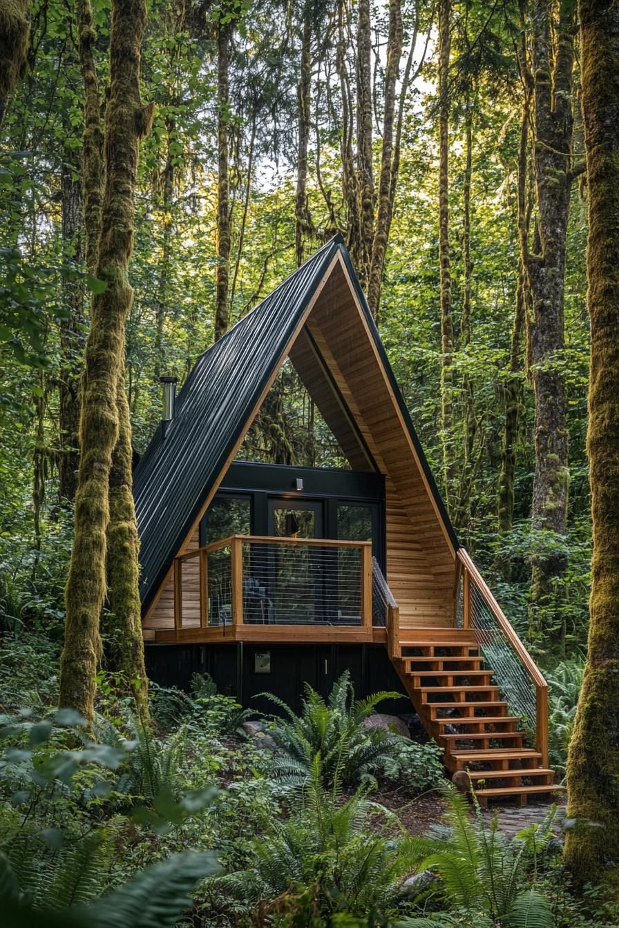 modern tiny raised a frame cabin in a lush forest wooden stairs with railings lead up to the cabin 2