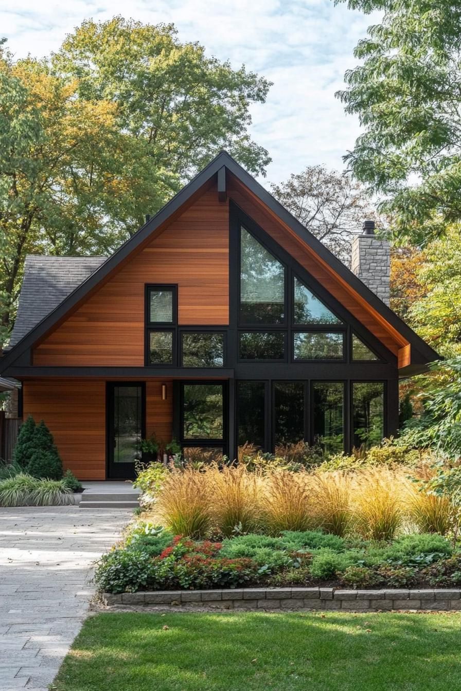 timber clad modern house with gable roof bungalow style large black modern windows suburban front yard with shrubs