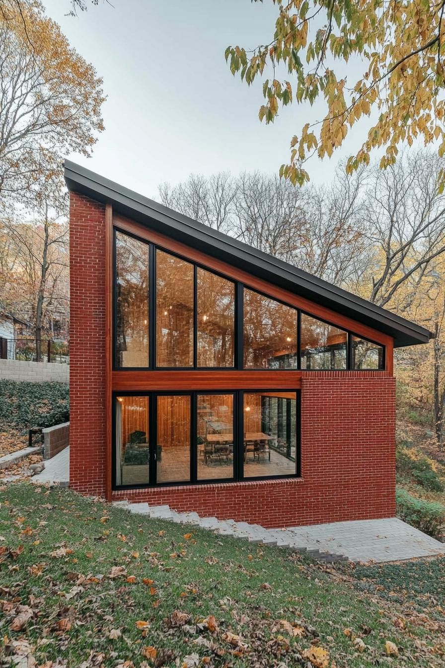 modern half slope house with red brick siding slanted roof along the hill full wall windows with wooden frames