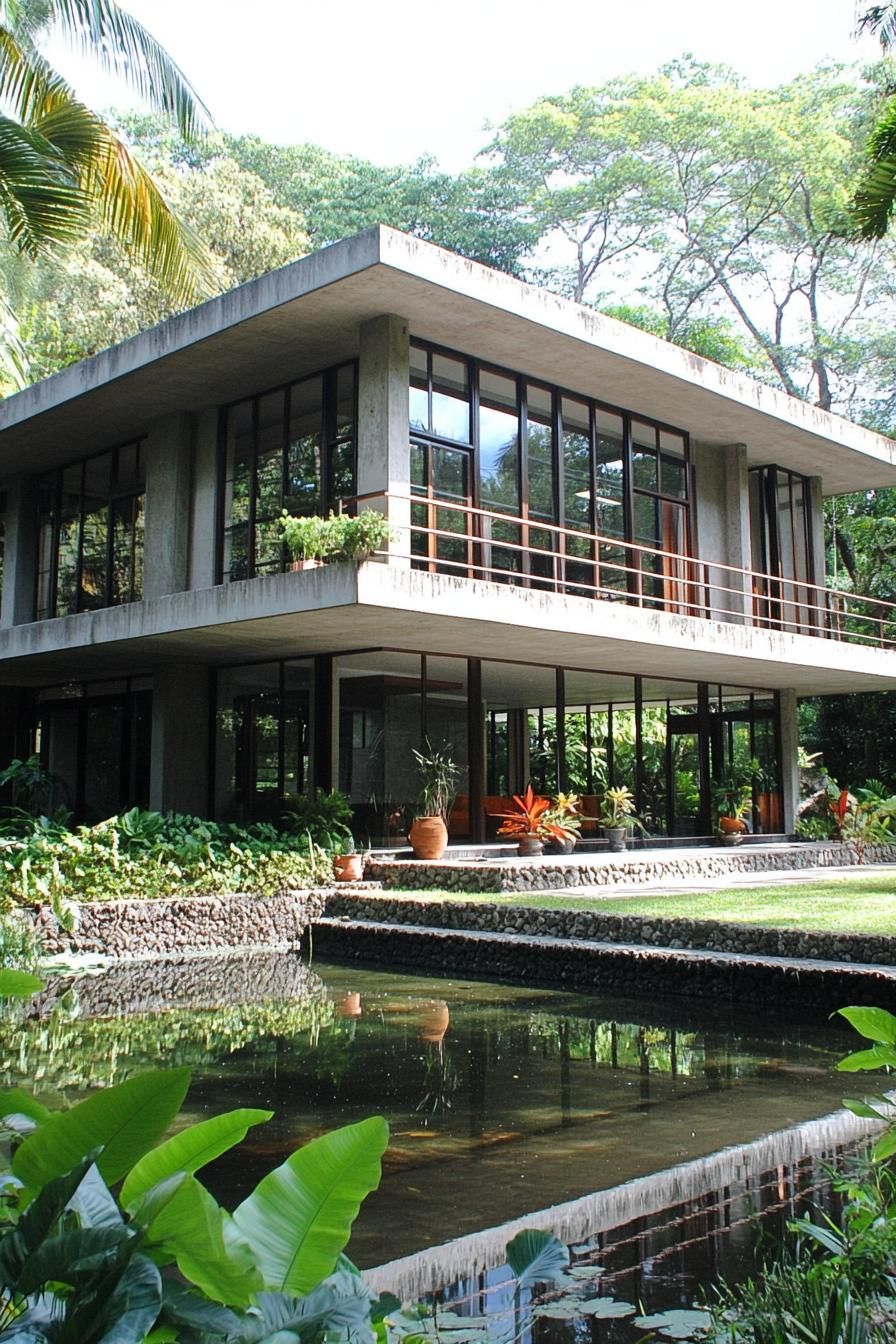 Modern house with lush greenery and reflections on water